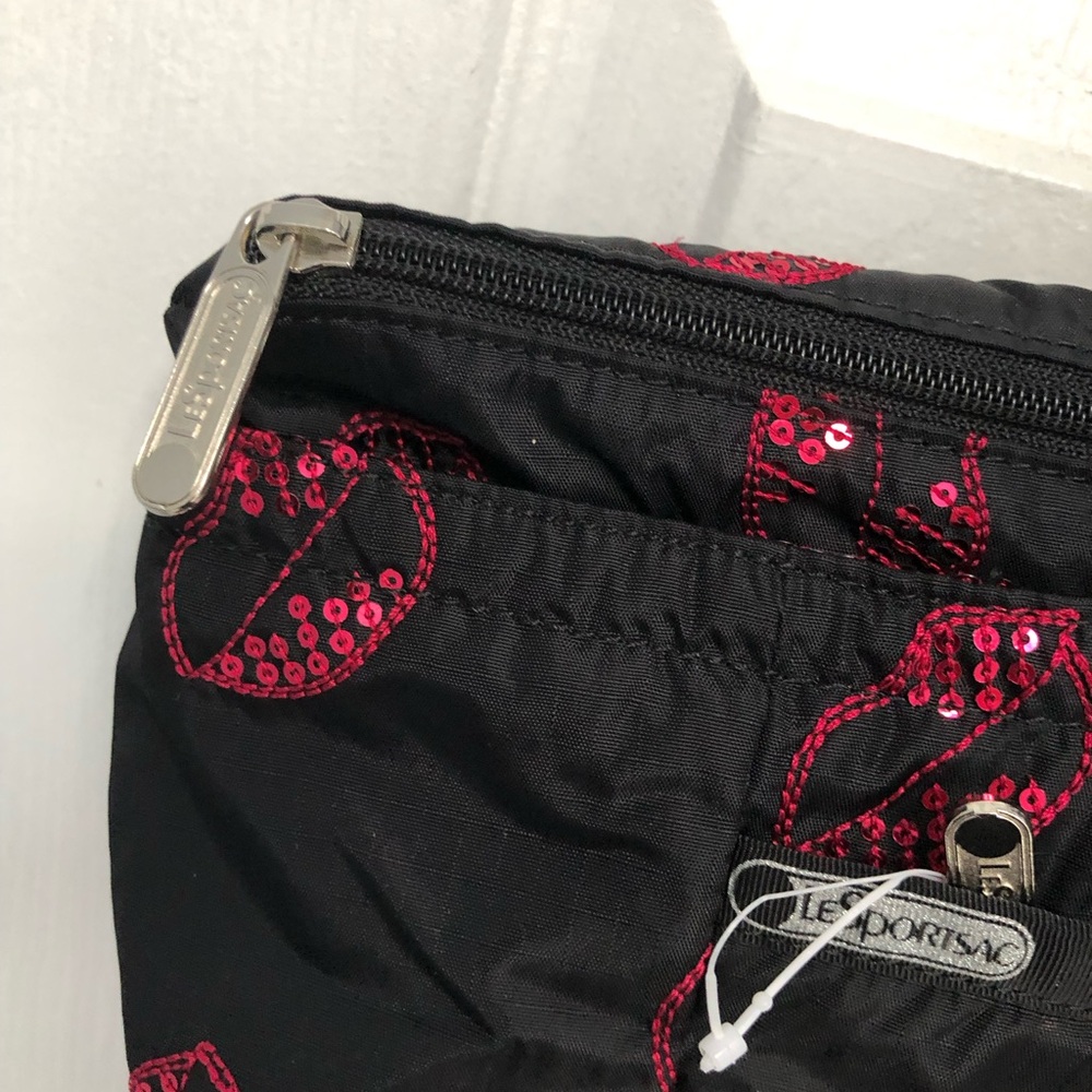 LeSportsac Sequin Lips Tote & Pouch Black Red Pink Zipper Nylon Hot - Picture 3 of 16
